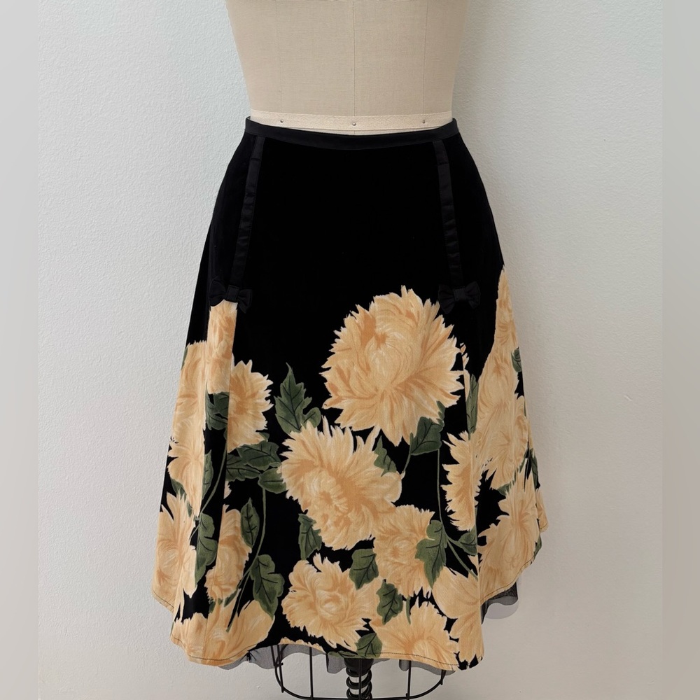 Anthropologie Elevenses A-line Skirt Velvet Black & Yellow Flowers Cottagecore